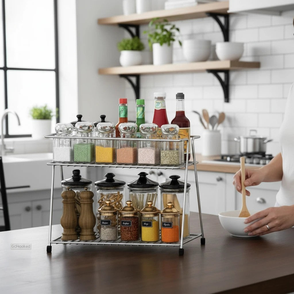 GoHooked 2-tier stainless steel shelf organizer filled with spices, condiments, and kitchen essentials. Rust-resistant design.