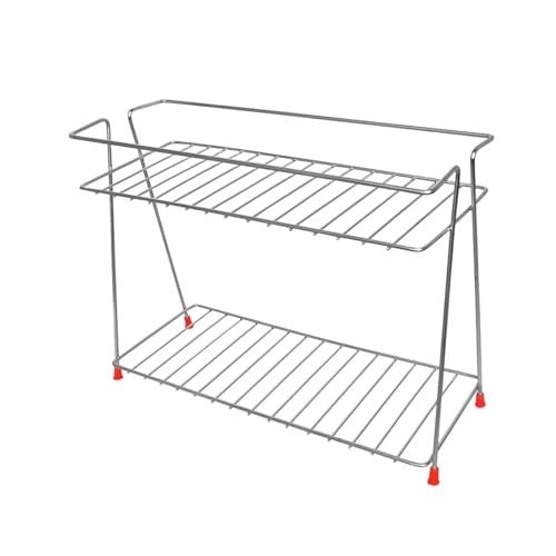 GoHooked stainless steel 2-tier shelf basket organizer with red feet. Ideal for kitchen or bathroom.