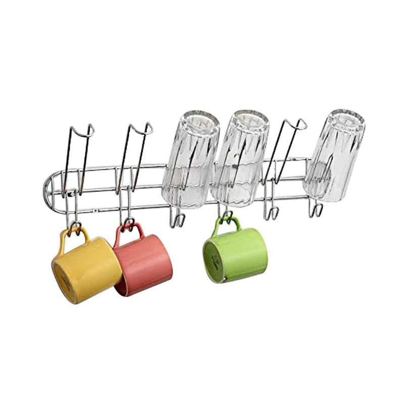 GoHooked silver stainless steel wall-mounted cup and glass holder with 4 hooks for glasses and 3 hooks for cups.