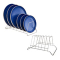 Go Hooked stainless steel 6-slot plate rack organizer holding blue plates. Another empty rack is shown.