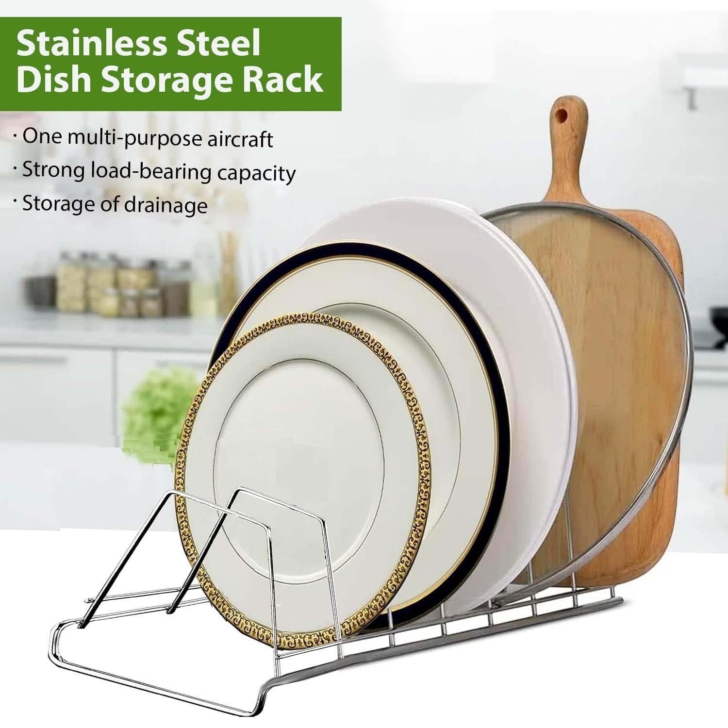 GoHooked stainless steel 6-slot plate rack organizer holding white and gold-rimmed plates and a wooden cutting board.