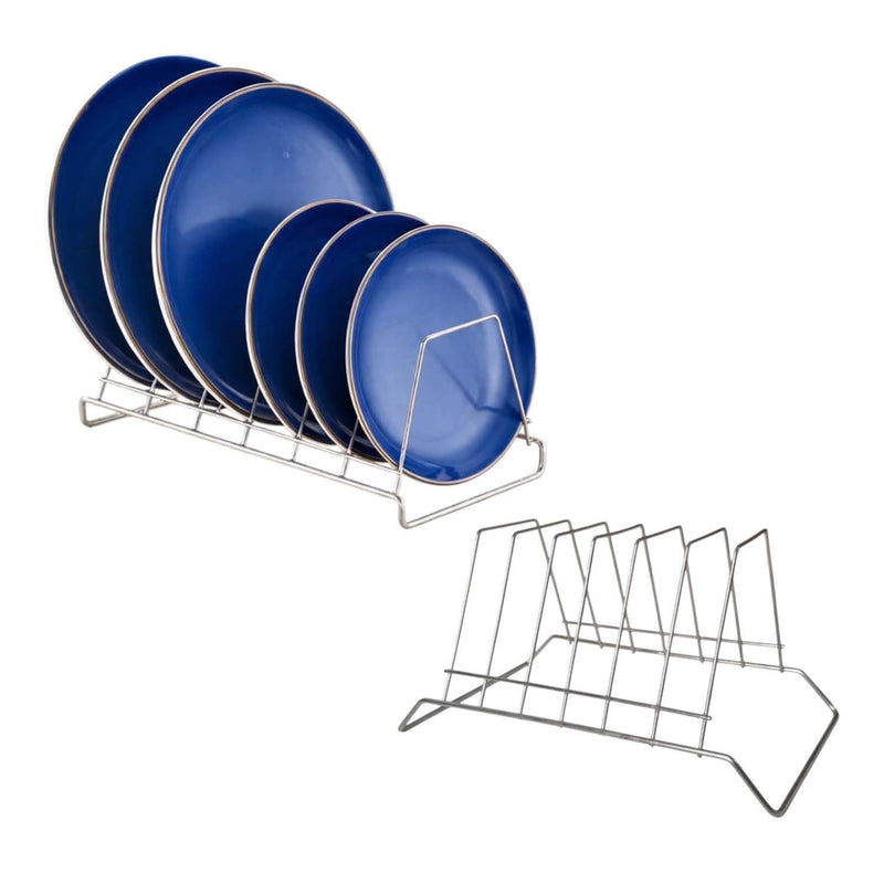 Go Hooked stainless steel 6-slot plate rack organizer holding blue plates. Also shows empty rack.