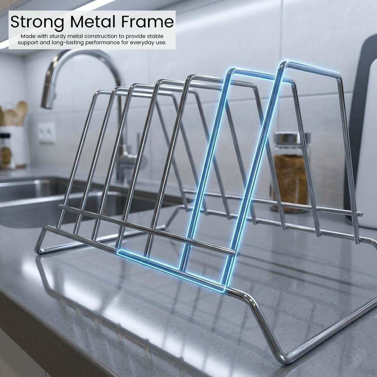 Go Hooked 6-slot stainless steel plate rack organizer for kitchen countertop and cabinet storage.