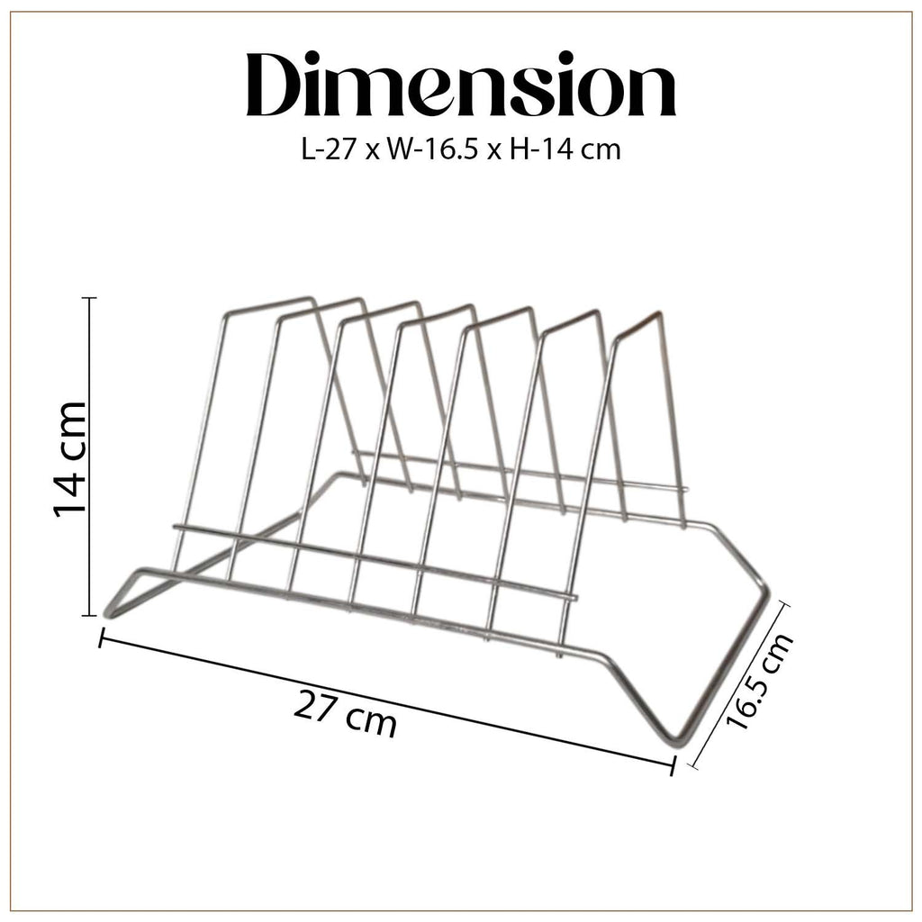 GoHooked stainless steel 6-section plate rack with dimensions shown for kitchen countertop organization