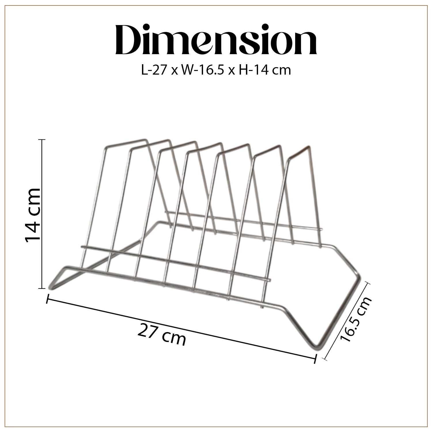 GoHooked stainless steel 6-section plate rack with dimensions shown for kitchen countertop organization