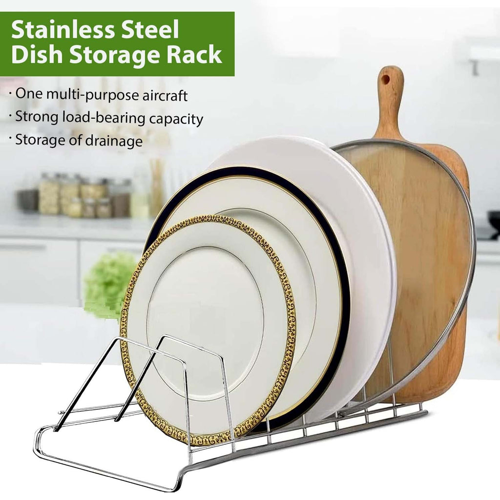 GoHooked stainless steel 6-section plate rack holding dinner plates and a wooden cutting board on a kitchen counter