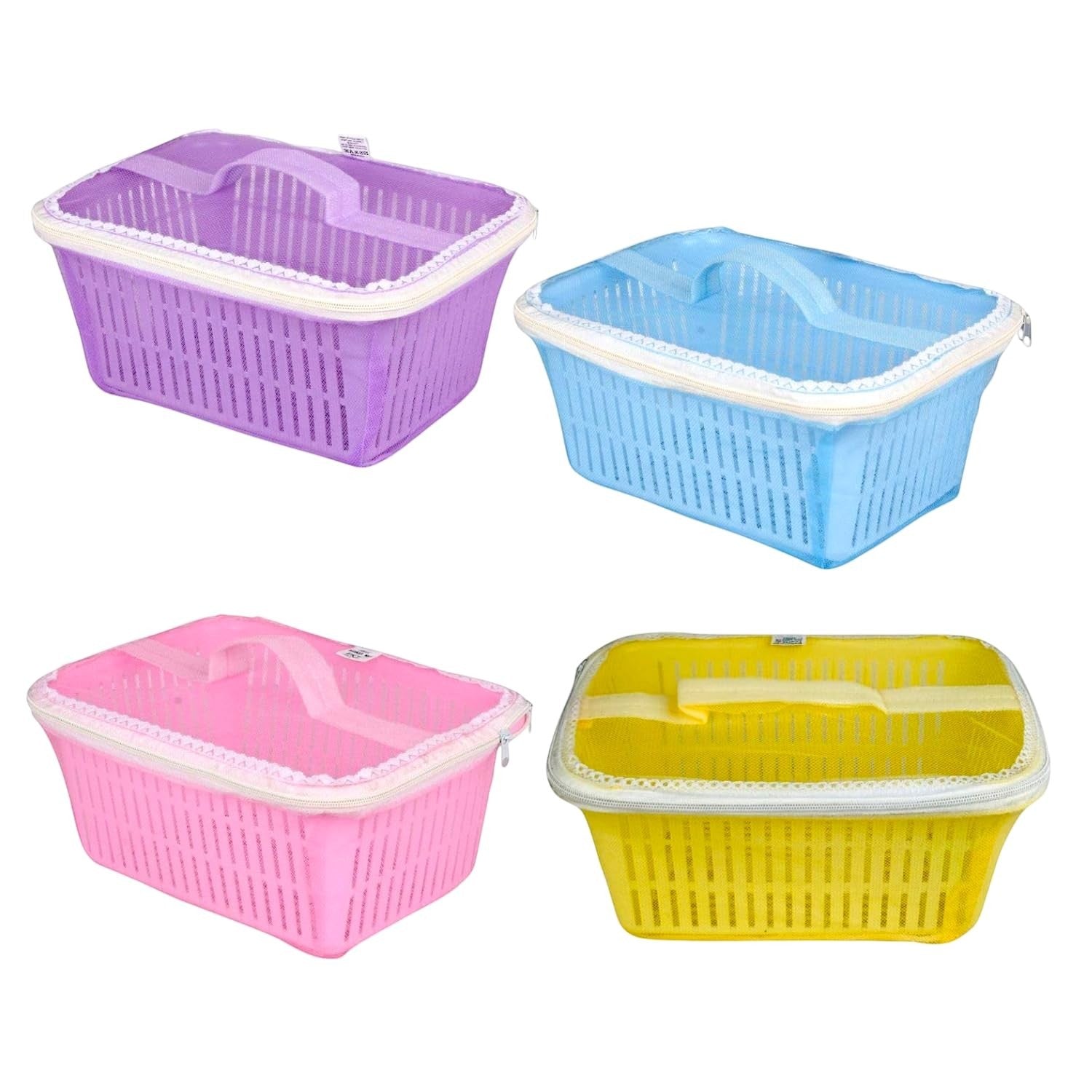 GoHooked multicolor plastic storage baskets with zip net covers, ideal for fruits, vegetables, or gifts.