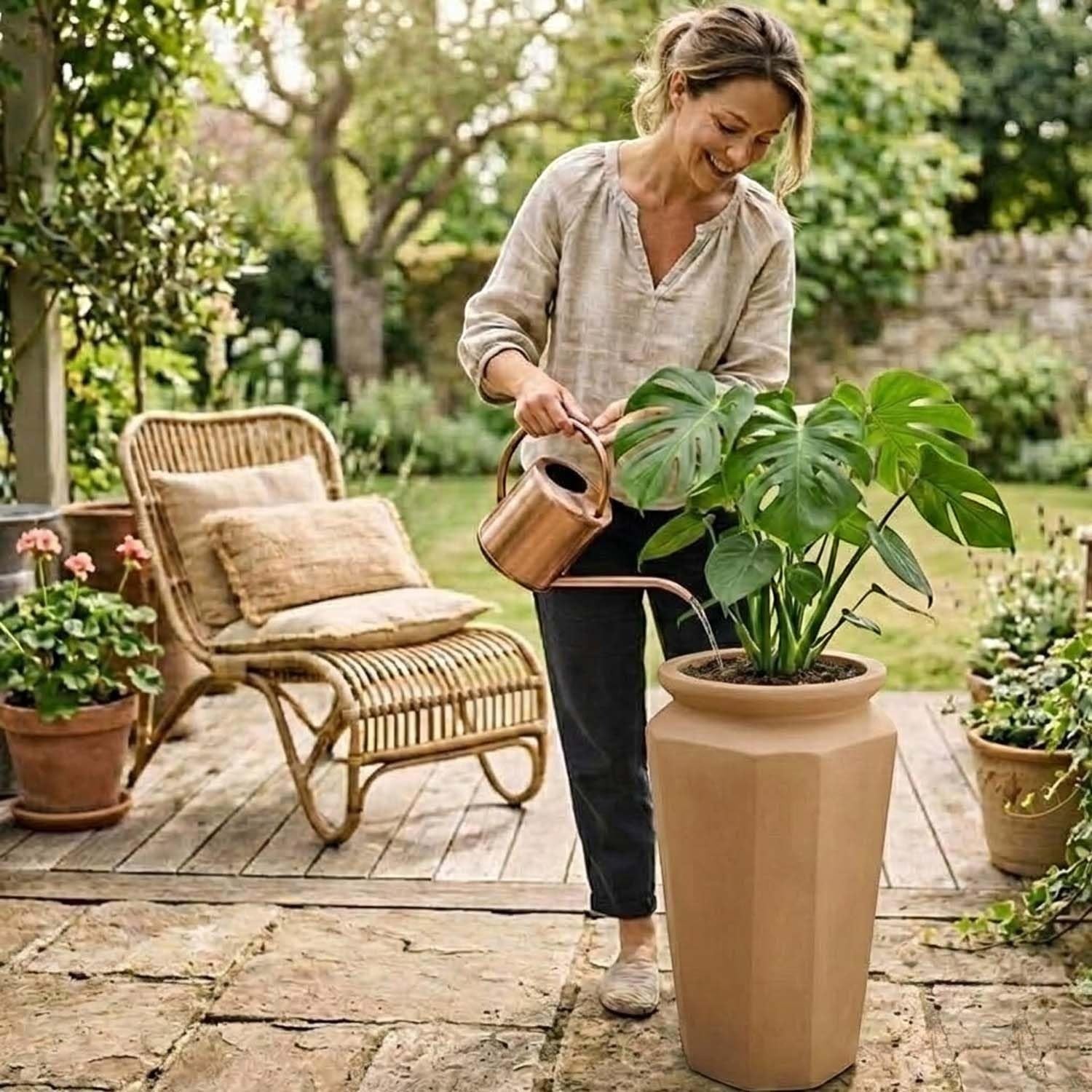 GoHooked tall brown polymer planter with sandstone texture, 24 inches, for indoor/outdoor use.