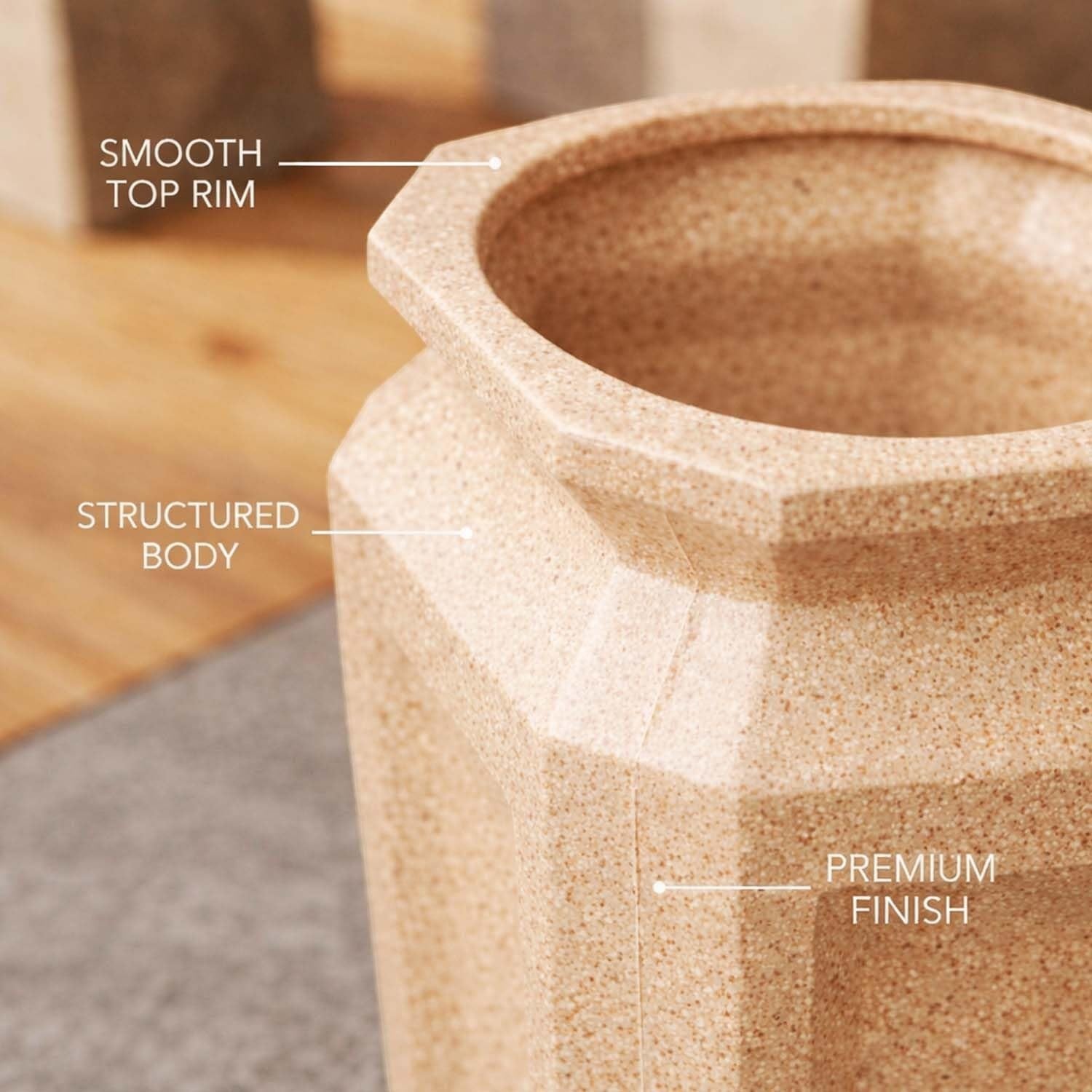 GoHooked tall brown polymer planter with sandstone texture, smooth top rim, and structured body. Ideal for indoor/outdoor use.