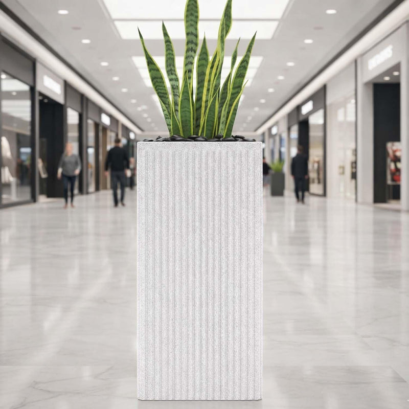 GoHooked tall grey square polymer planter with ribbed texture, 24 inches, for indoor/outdoor plants.