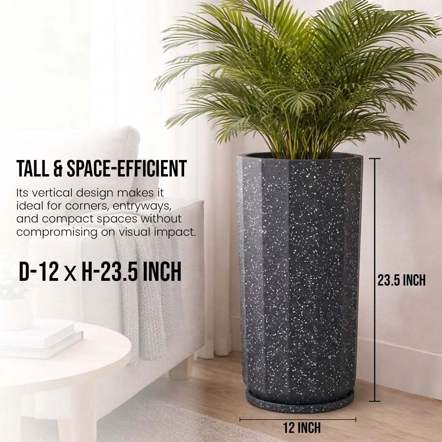 GoHooked tall, grey, faceted polymer planter pot with matching tray. 12x23.5 inch.