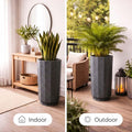 GoHooked tall, grey, faceted polymer planter pot with tray, suitable for indoor or outdoor use.