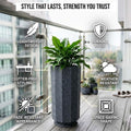 GoHooked tall grey speckled polymer planter pot with tray, modern faceted design, 12x23.5 inch, for indoor/outdoor use.