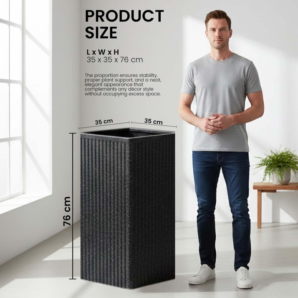 GoHooked tall grey polymer planter with ribbed texture, 14x30 inches, for indoor or outdoor plants.