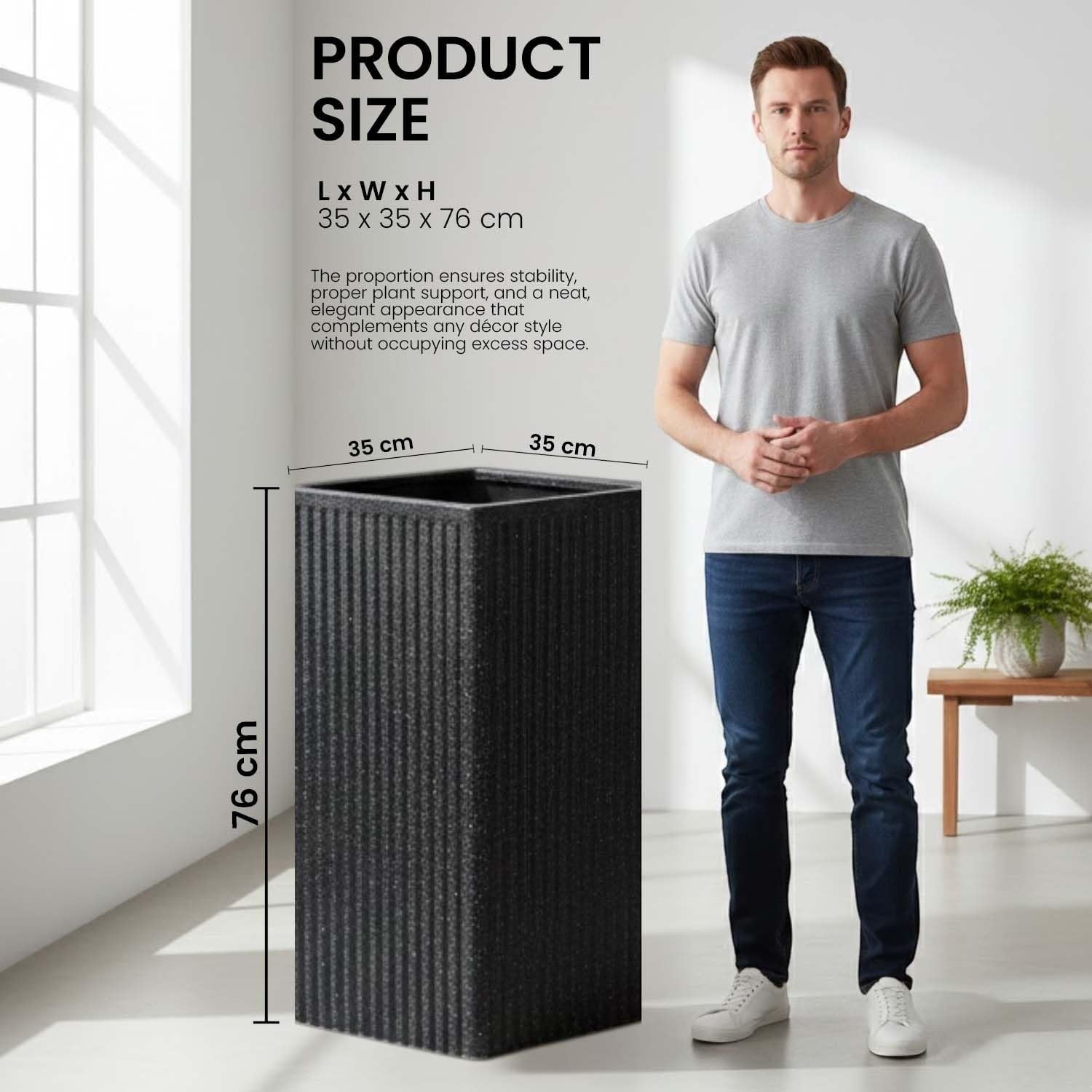 GoHooked tall grey polymer planter with ribbed texture, 14x30 inches, for indoor or outdoor plants.