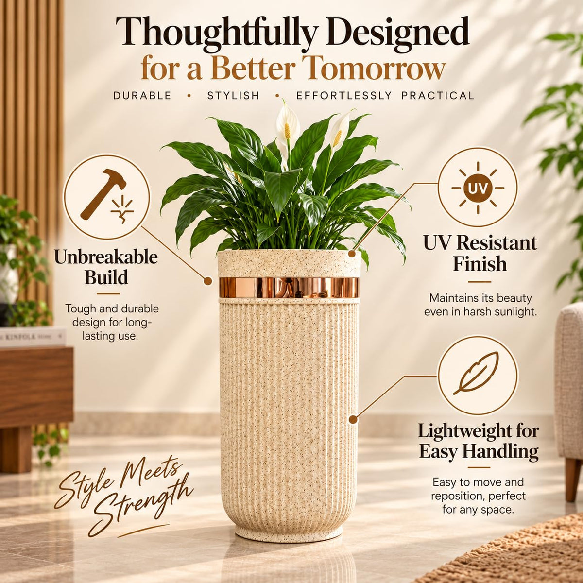 GoHooked 24-inch tall round sandstone planter with vertical ribbed texture and a metallic gold accent band.