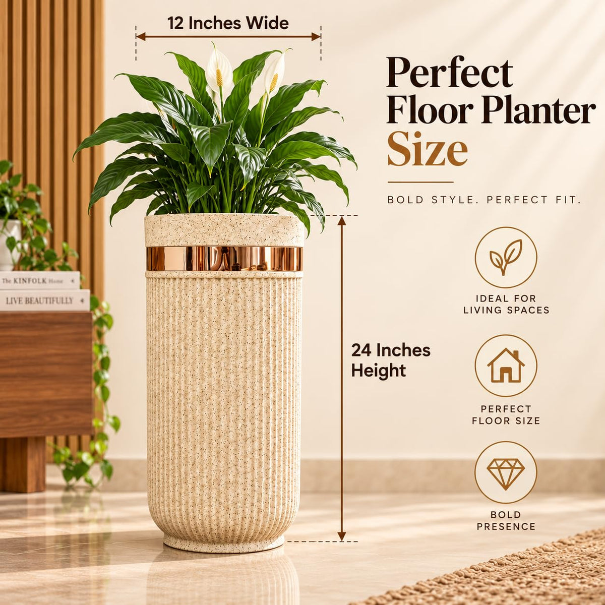 GoHooked 24-inch tall round sandstone planter with ribbed texture and a metallic gold accent band for indoor decor.