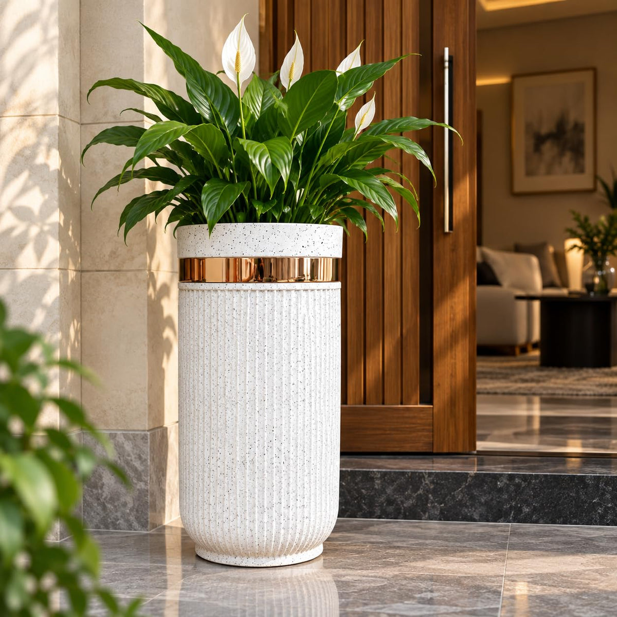 GoHooked 24-inch tall round planter with a speckled sandstone finish, vertical ribbed texture, and metallic gold band.
