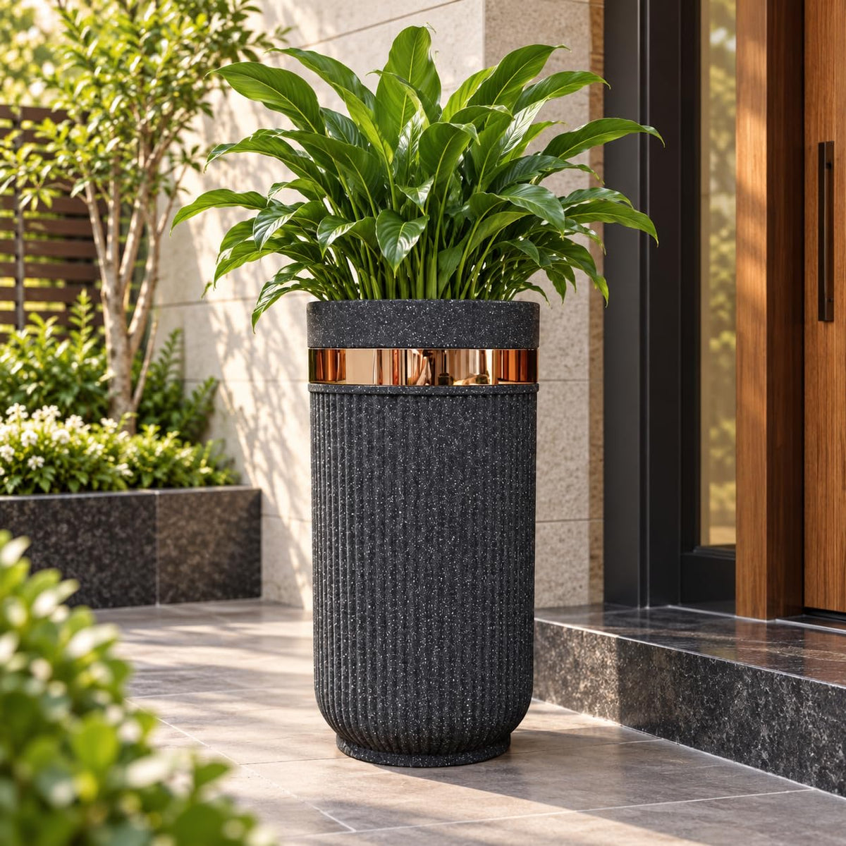 GoHooked 24-inch tall brown sandstone planter with vertical ribbed texture and a premium metallic gold accent band.