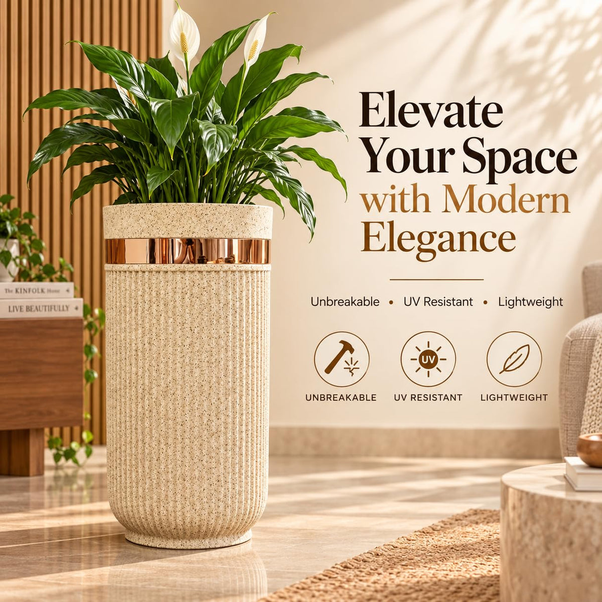 GoHooked 24-inch tall round sandstone planter with ribbed texture and metallic gold accent in a modern living room.
