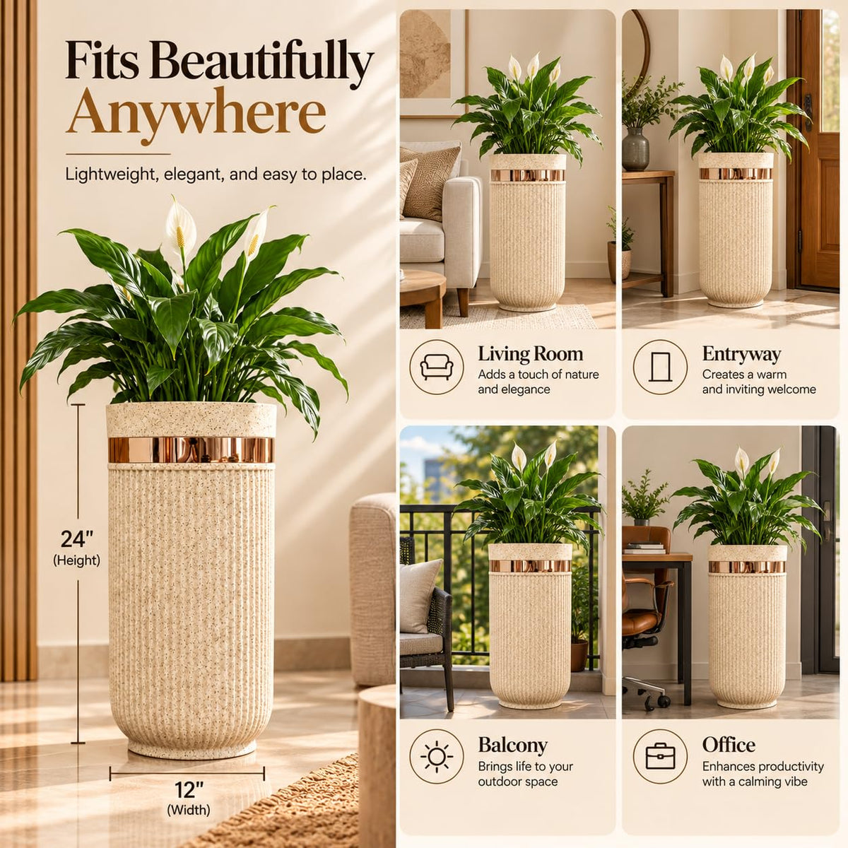 GoHooked 24-inch tall sandstone planter with ribbed texture and metallic gold accent band for indoor and outdoor use.