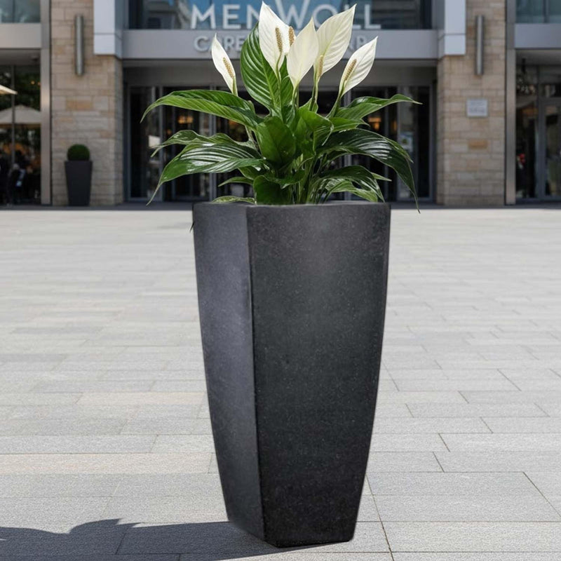 Go Hooked tall square black polymer planter with a peace lily plant, perfect for modern home or office decor.