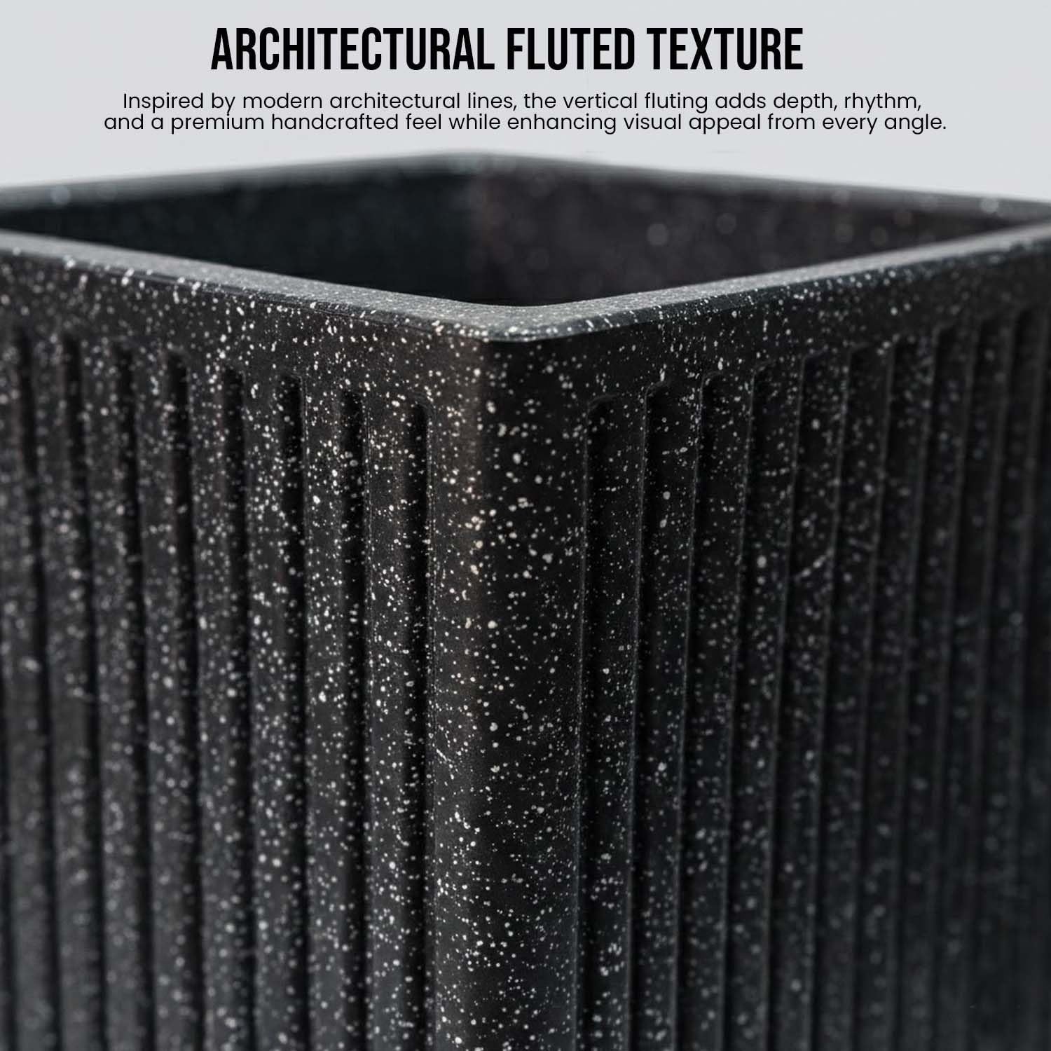 GoHooked tall square grey polymer planter with granite ribbed texture and speckled finish.