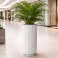 GoHooked tall white polymer planter with a modern faceted design and matching tray, perfect for indoor or outdoor use.