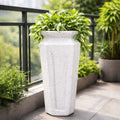 Go Hooked tall white polymer planter with a marble texture finish, ideal for indoor or outdoor use.