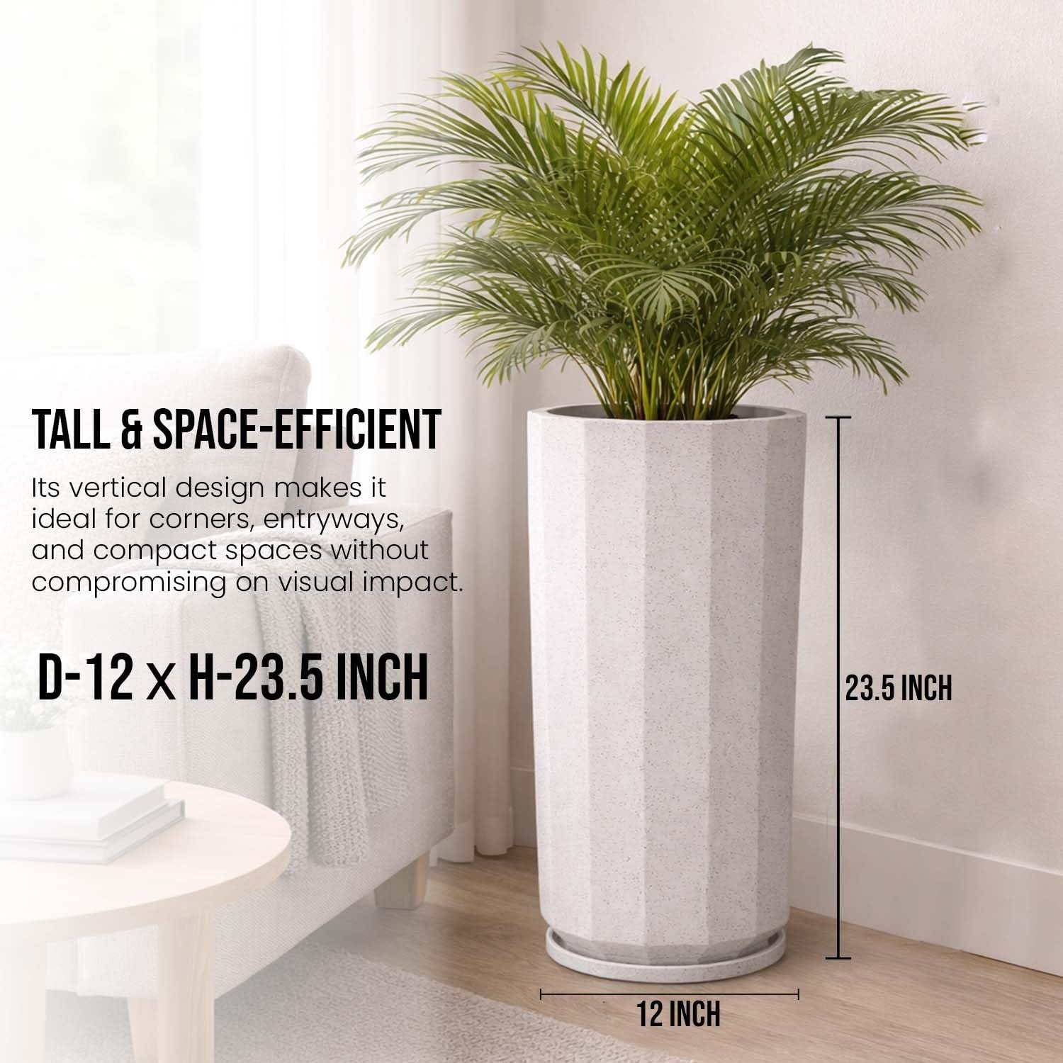 GoHooked tall white polymer planter pot with geometric design and matching tray. 12x23.5 inch.