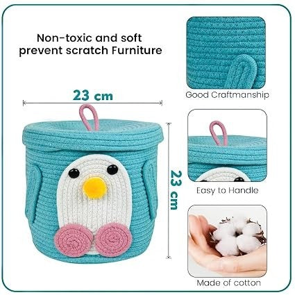 GoHooked teal cotton rope storage basket with a cute penguin design, lid, and dimensions for nursery organization.