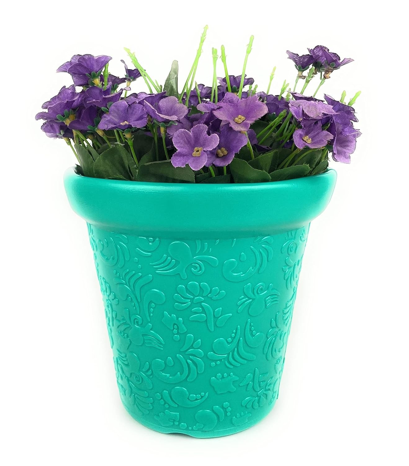 GoHooked teal plastic planter pot with embossed floral pattern, holding purple flowers. 8-inch size.