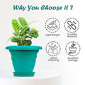 GoHooked teal plastic planter pot with saucer, featuring a modern twister design and excellent drainage. Lightweight and durable.