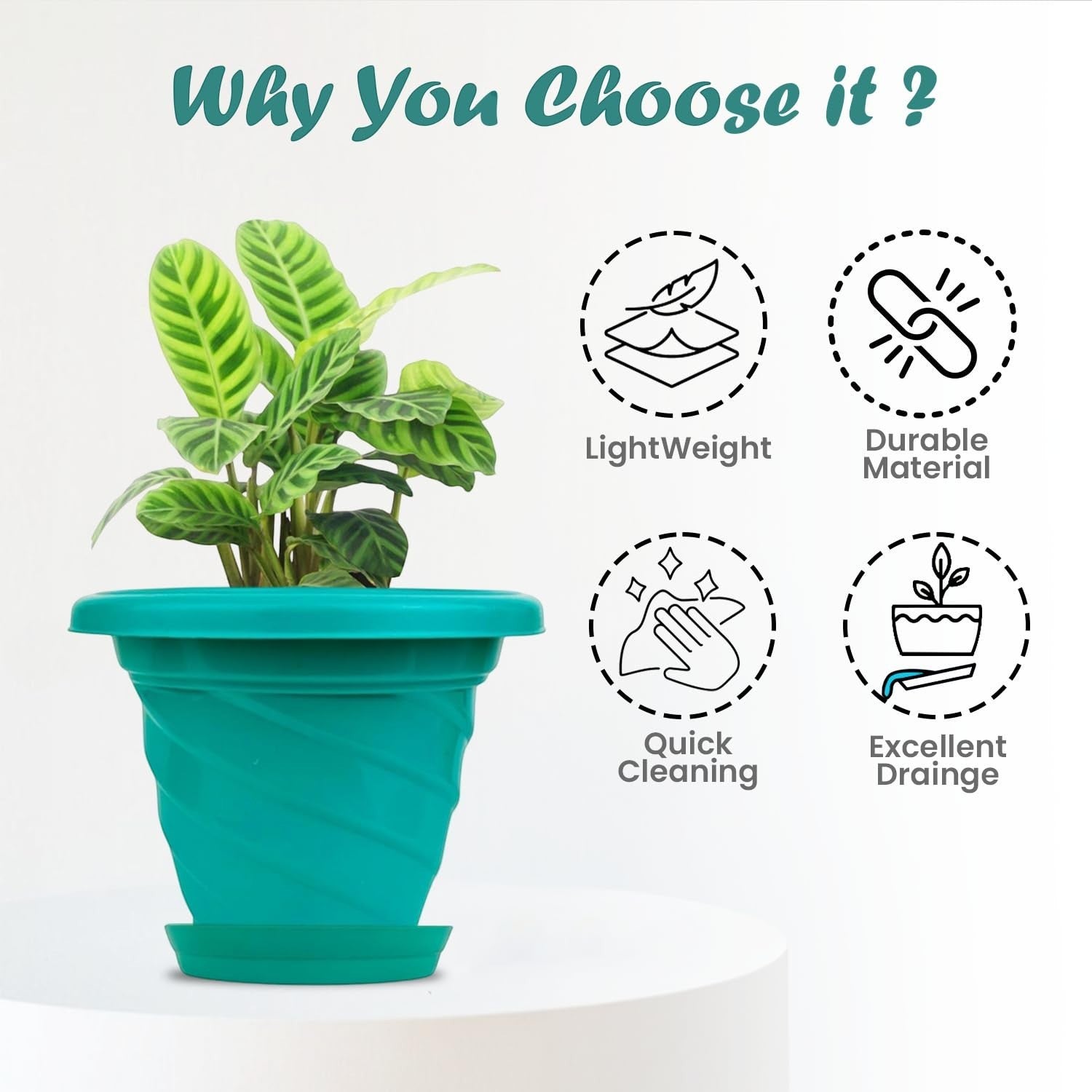 GoHooked teal plastic planter pot with saucer, featuring a modern twister design and excellent drainage. Lightweight and durable.