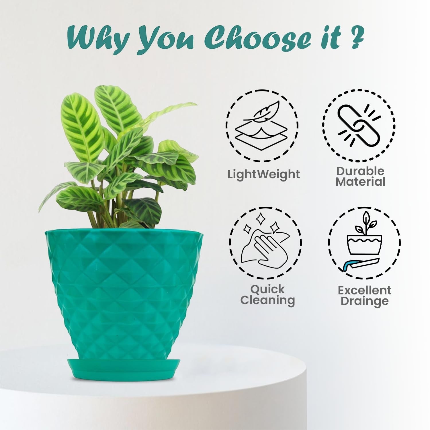 GoHooked teal diamond-patterned plastic planter pot with saucer, 6 inch, for indoor/outdoor plants.