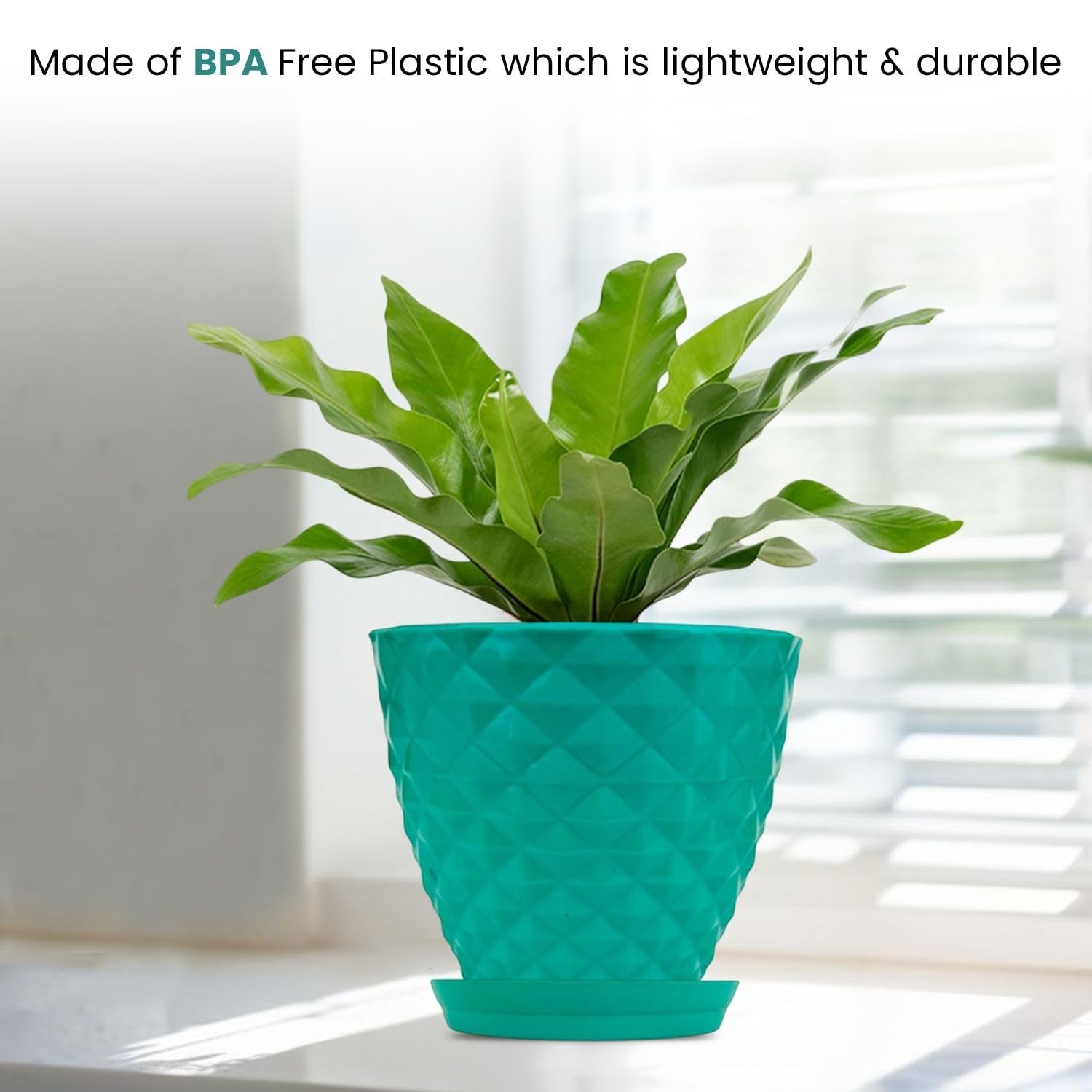 GoHooked teal diamond-patterned plastic planter pot with saucer, 6-inch size, ideal for indoor/outdoor plants.