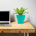 GoHooked teal diamond-patterned plastic planter pot with saucer on a wooden desk next to a laptop.