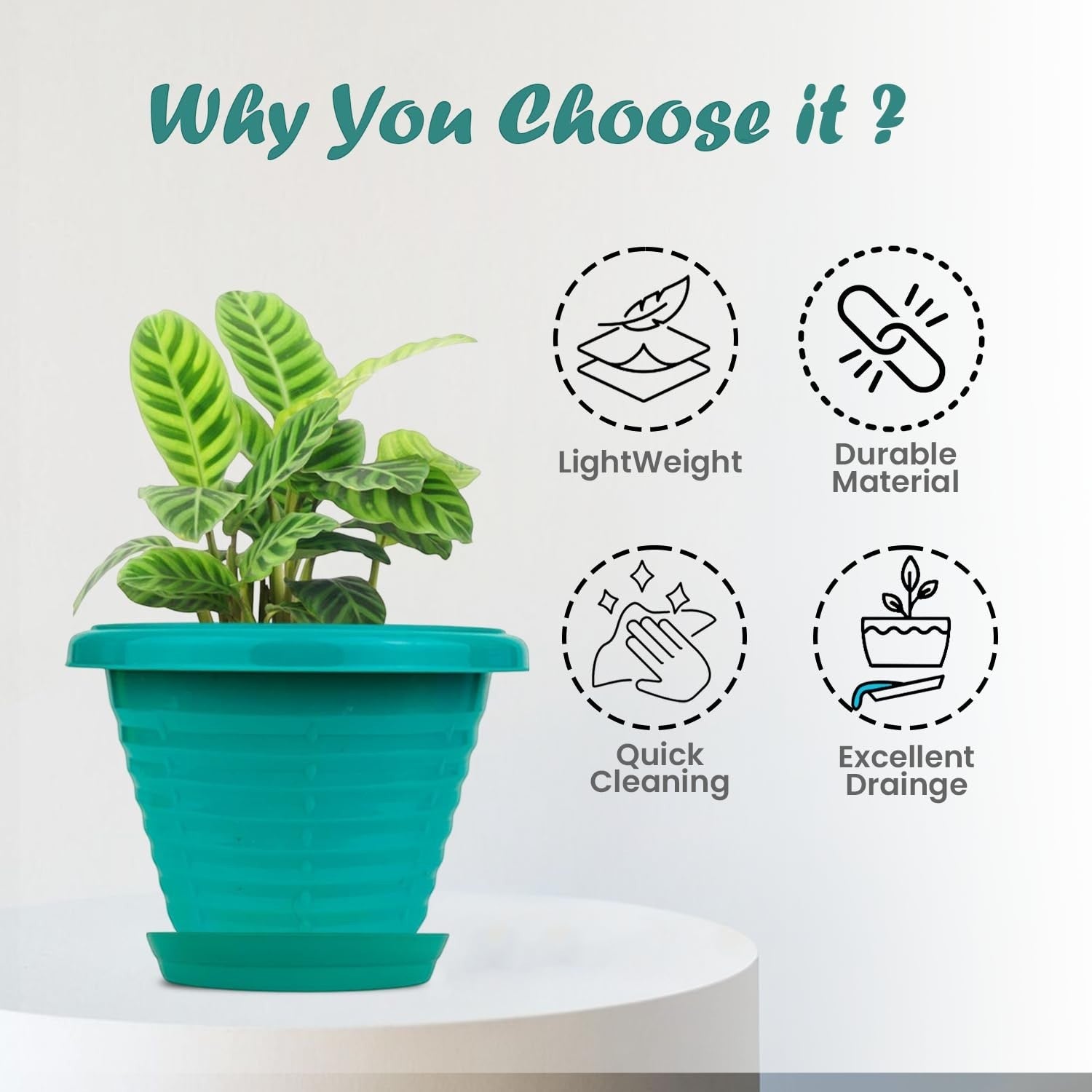 GoHooked teal plastic planter pot with saucer, featuring a modern ribbed design and a healthy green plant. Lightweight, durable, easy to clean, and excellent drainage.