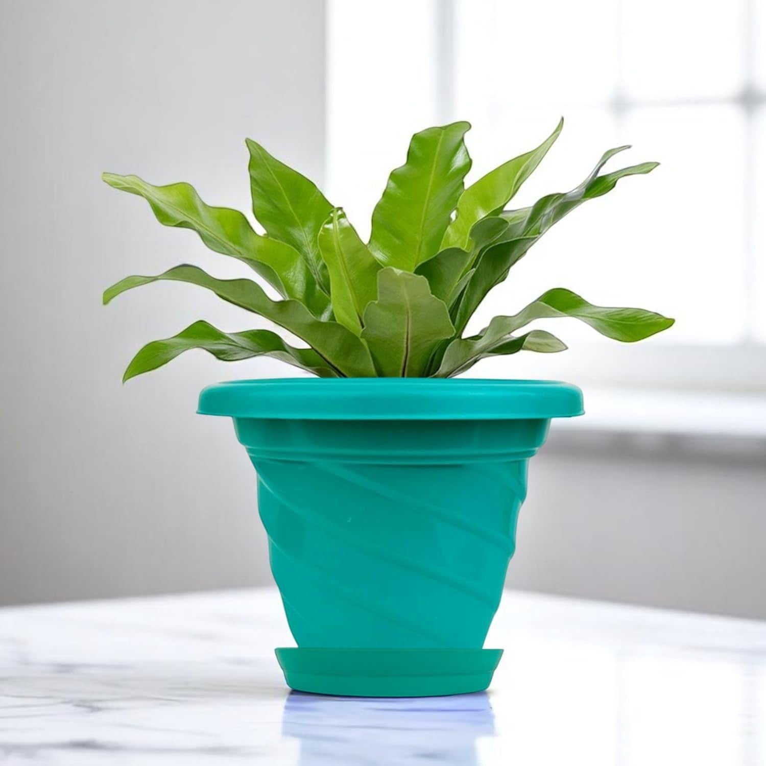 GoHooked teal plastic planter pot with saucer, 6 inch twister design for indoor/outdoor plants.