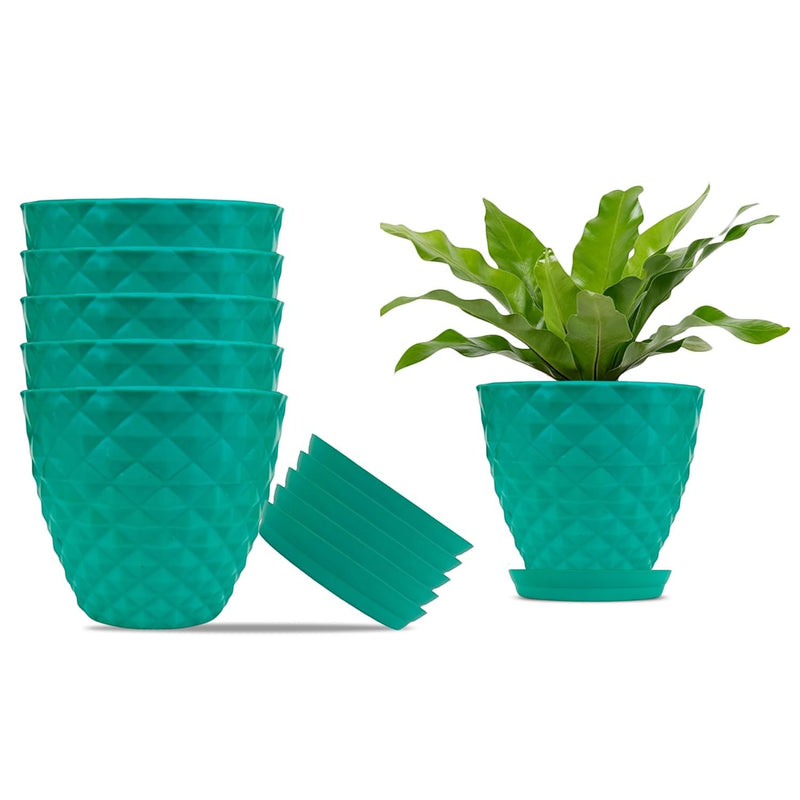 GoHooked set of 6 teal diamond-patterned plastic planter pots with saucers, one pot holding a green plant.