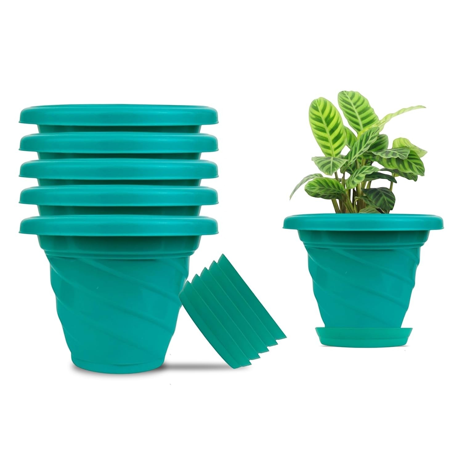 GoHooked set of 6 teal plastic planter pots with saucers, one pot with a plant. Modern design, 6 inch size.