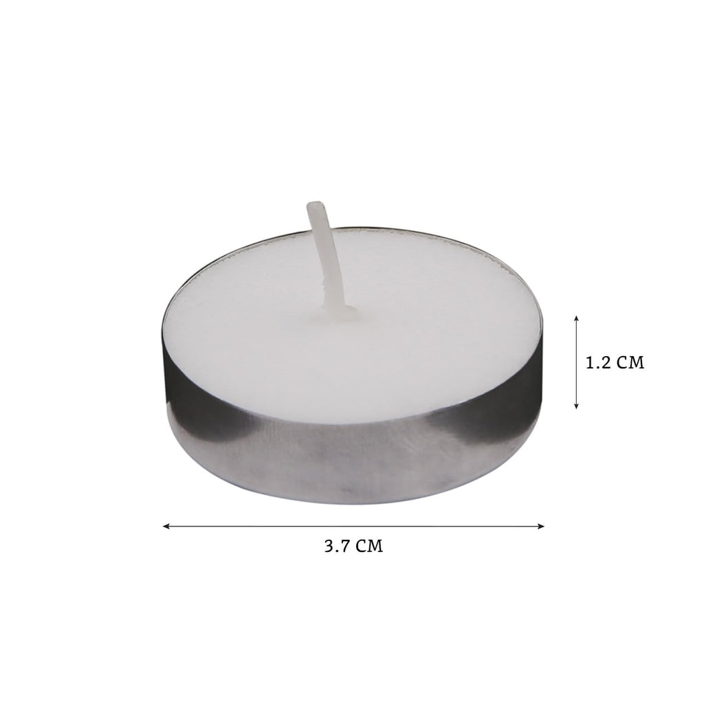 GoHooked Set of 2 tealight candles in metal holders, white wax, 3.7cm diameter, 1.2cm height.