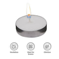 GoHooked tealight candle in a silver metal holder, burning with a bright flame. Features smokeless, ideal for events, and odorless.