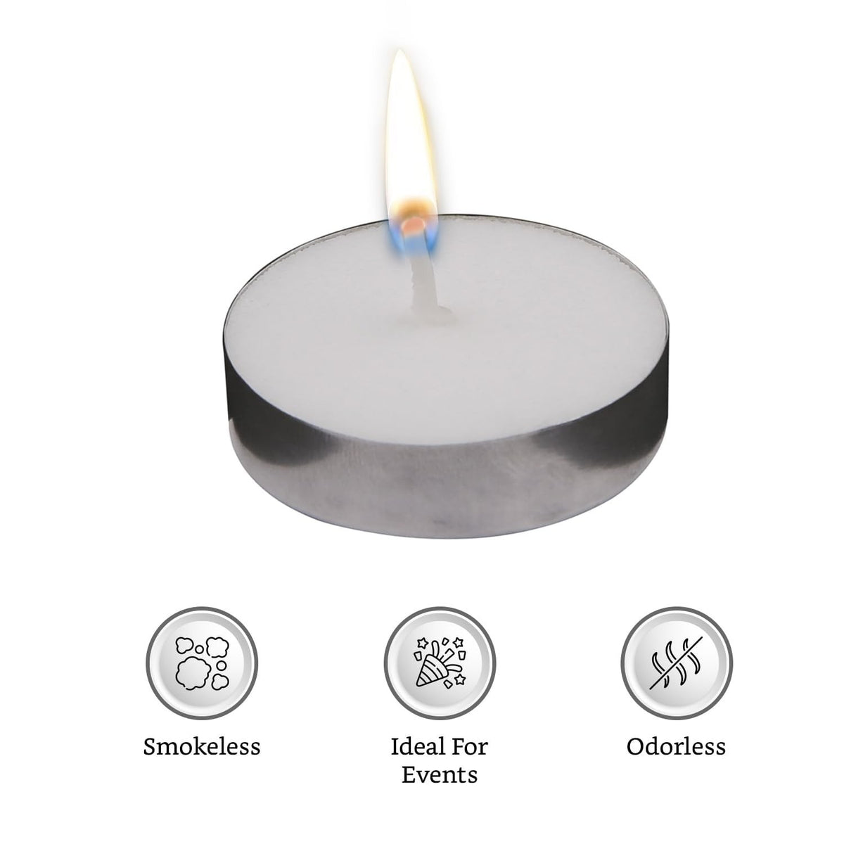 GoHooked tealight candle in a silver metal cup, burning with a bright flame. Features smokeless, ideal for events, and odorless.