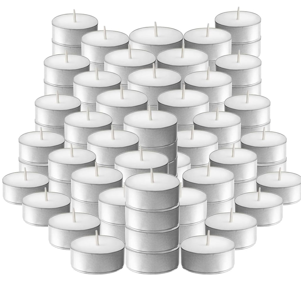 GoHooked pack of 200 unscented white wax tealight candles with long burn time for Diwali, puja, and decor.