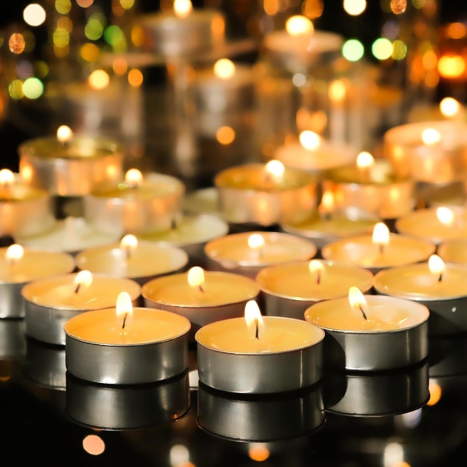 GoHooked 50pcs tealight candles with silver holders, perfect for romantic ambiance, proposals, and dinners.