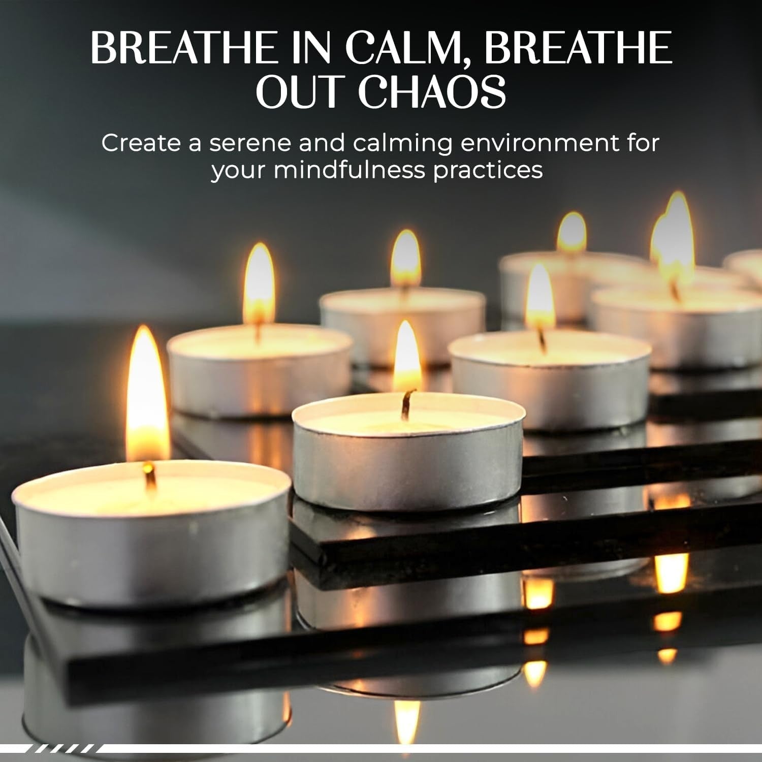 GoHooked unscented white wax tealight candles in silver holders, burning with a warm glow. Pack of 100 for events and decor.