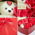GoHooked white teddy bear with red heart gem, surrounded by red roses in a heart-shaped tin box with "I Love You" message.