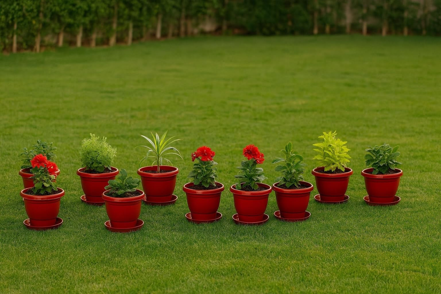 GoHooked 8-inch terracotta brown plastic planters with bottom plates, set of 10, ideal for indoor/outdoor use.