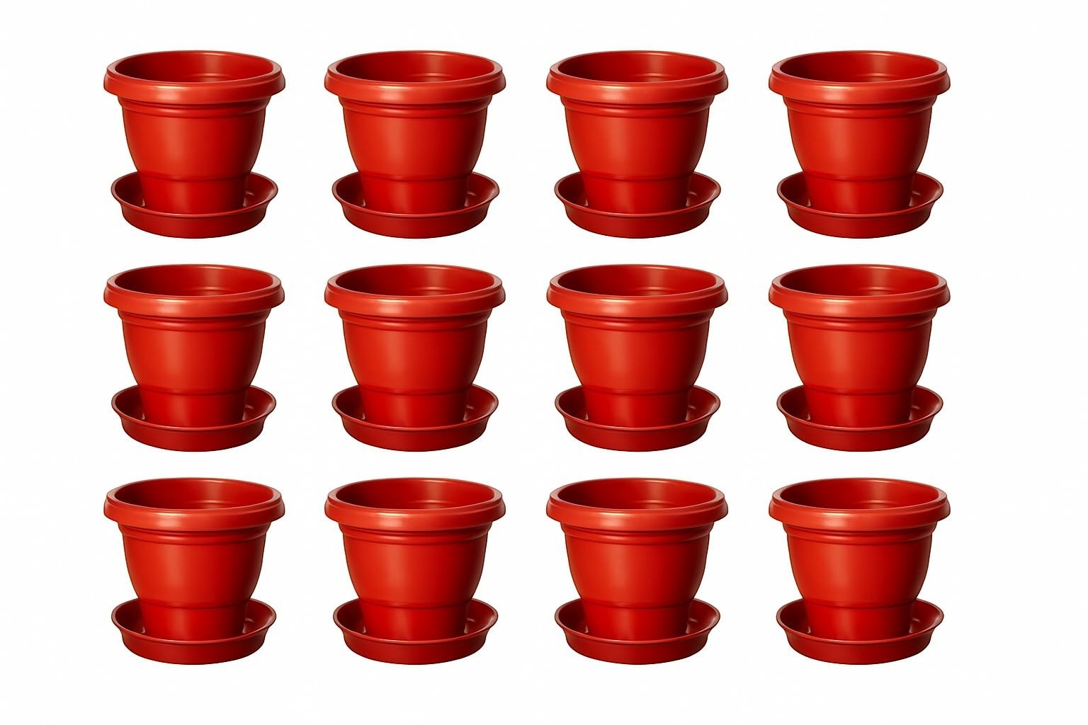 GoHooked 12-piece set of terracotta brown plastic planters with matching bottom plates, 8-inch size, ideal for indoor/outdoor use.